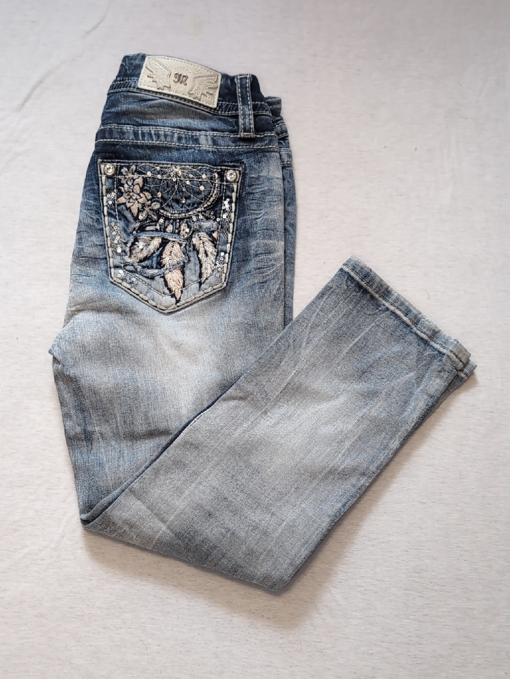 Miss Me - Embellished Dreamcatcher Skinny Jeans - Light Blue